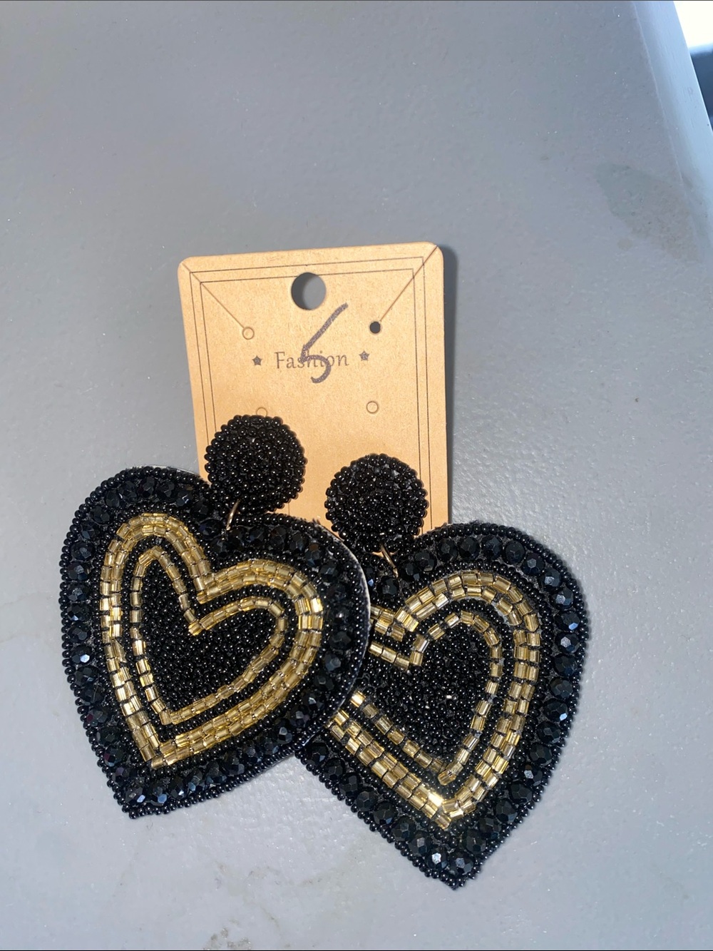 Black & Gold Beaded Heart Drop Earrings